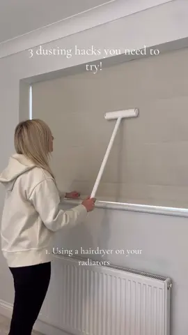 Wait until you see all the dust the last one picks up! 👀 Here’s 3 extremely satisfying dusting hacks you need to try!  1. Using a hairdryer on your radiators to easily dislodge any dust - I always put a towel down first as normally there is quite a bit so I was quite disappointed today as there wasn’t much 🤣 2. Lint rolling your blinds, headboard and lampshades is another easy way to pick up dust 🙌🏼 3. Finally, damp dusting picks up and traps dust rather then moving it all around 👏🏼 #CleanTok #cleantok101 #cleantokuk #cleaning #cleaningvideos #cleaningmotivation #cleaningtips 