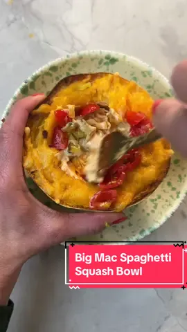 My BIG MAC SPAGHETTI SQUASH BOWL is a MUST MAKE! You guys seemed to lovr my Buffalo Chicken Spaghetti Squash bowl which was amazing, but I honestly think this one is even better. Big Mac Sauce ¼ cup sour cream or plain greek yogurt 2 tbsp mayo 2 tbsp sweet pickle relish 2 tbsp ketchup 1 tsp yellow mustard ½ tsp white vinegar ½ tsp paprika ½ tsp onion powder ¼ tsp salt  ¼ tsp garlic powder Fillings: ½ lb ground turkey or ground beef ½ onion minced ½ tsp salt ¼ tsp pepper ½ tsp onion powder ¼ tsp paprika ¼ cup red onion diced ¼ cup tomatoes diced ½ cup shredded cheddar ¼ cup pickles diced -Pre-heat oven to 400F -Place squash halves on parchment or silicon lined baking sheet flesh side down. -Roast for 30 minutes. If you are working with a larger spaghetti squash, roast for 40. -To make the big mac sauce, add all of the Big Mac Sauce ingredients to a small bowl and mix well. Set aside -To medium sized non-stick skillet add the ground turkey or beef and cook over medium-high heat, breaking the ground meat up as it cooks.  -Add onions, salt, pepper, onion powder and paprika. Continue to cook, until the meat is no longer pink and is cooked through. Remove from heat and set aside.  -Fill roasted squash halves each with a bit of the Big Mac Sauce, ground beef, diced red onion, diced tomatoes and top with cheddar. -Place filled squash halves back in the oven for 10 more minutes. -Top with diced pickles and more tomatoes. -Mix it up and enjoy warm! #spaghettisquash #spaghettisquashrecipe #yum #EasyRecipe #lowcarb #bigmacbowl #bigmacspaghettisquashbowl