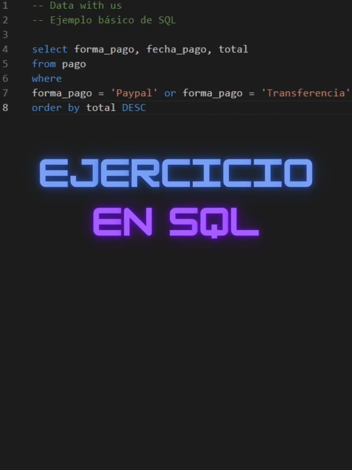 SQL - Ejercicio en bases de datos con WHERE y ORDER BY #data #dataanalytics #dataanalysis #dataanalyst #datascience #dataengineer #datascientist #dataengineering #excel #exceltips #exceltricks #datos #foryou #shorts #fyi #sql
