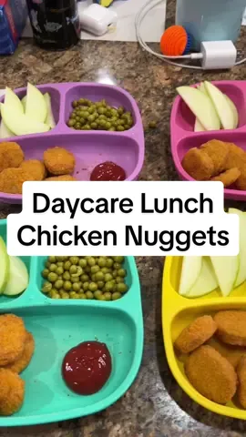 On the menu today: Chicken nuggets, peas, and apples #momtok #MomsofTikTok #daycareprovider #daycarelunch #easylunchideasforkids #lunchforkids #daycaremeals #kidsfood #kidsmeals 