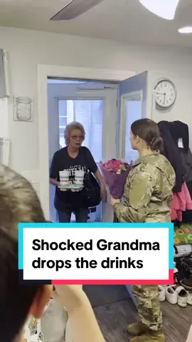 This surprised Grandma is so shocked to see her military granddaughter, she did THIS when she walked into the room. #militarykind #family #grandma #military #reunion 