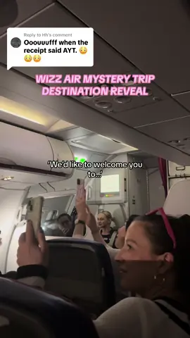 Replying to @Hh Wizz Air mystery trip official announcement!!! We’d already figured it out from the wine receipt on the flight 🥲 but still so excited to explore! #mysterytrip #wizzair #letsgetlostwithwizz #reveal (gif.ted trip)