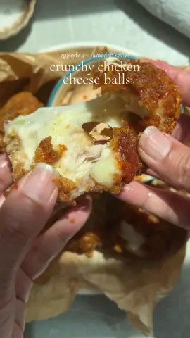Crunchy chicken cheese balls. Ingredients  For chicken marinade: 1 lb boneless skinless chicken, cut into large square cubes  1 cup mozzarella cheese, cubes Salt and pepper to taste  1 tbsp cajun seasoning  1 tbsp paprika powder  1 tbsp garlic powder  1 tbsp onion powder  For the batter: 1/2 cup all purpose flour  1/3 cup corn starch  1/3 cup water 1 egg Salt to taste 1 tsp black pepper  1 cup corn flakes Method: Make a small slit in center of the chicken cube with knife and stuff with cheese. Season stuffed chicken with salt,pepper, Cajun, paprika, garlic and onion powder. Mix it really well In a separate bowl add all purpose flour, corn starch , salt, pepper,egg and water. Whisk it well until thick batter forms and smooth. In a separate dish add corn flakes, crush them into small pieces. Coat the seasoned chicken in wet batter then evenly coat with corn flakes.  Heat the oil in a pan. Once the oil is hot. Drop the chicken balls in the oil carefully. Don’t overcrowd the pan fry 3-4 at a time. Cook on medium low heat flipping half way through for 15-20 minutes or until crispy and golden brown. #cheeseballs #crunchychicken #chickenballs #ramadanrecipes #Recipe 
