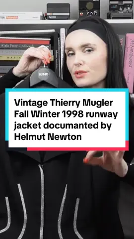 Lets look at the details of our Thierry Mugler’s  Fall Winter 1998 jacket. Photographed by Helmut Newton for Thierry Mugler's Fall Winter 1998 look-book. Luxurious. Dramatic. Tailored to perfection. Made from black wool and lined in shiny black satin. It features a squared notched lapel, V- neckline and padded shoulders. A dramatic hourglass silhouette emphasised by lines of rhinestone embellishments in the shape of corset seam-lines . The rhinestones are also featured on the cuff of each sleeve. #thierrymugler #mugler #fashion #fashionhistory #90sfashion #fashionarchives 