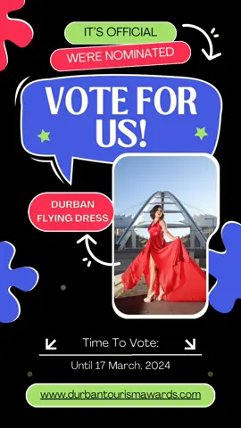 Creativity is courage!  Dear Followers & Supporters ❤️  We are thrilled to announce @durbanflyingdress has been nominated in the 'Visitor Experience' category for the Durban Tourism Business Awards! 💃📸🙌 Please show your support by Voting for us! 🙏🥰 Clink on the link below to vote ✔️ https://voting.durbantourismawards.com/categories/visitor-experience