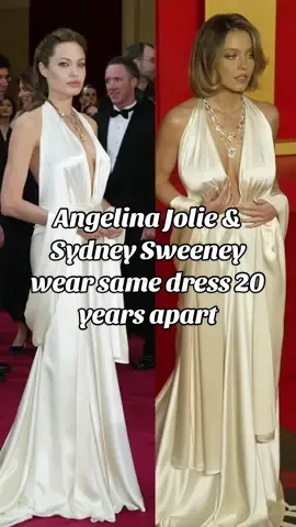 #SydneySweeney wears same dress to the #VanityFairOscarParty that #AngelinaJolie wore to the #Oscars in 2004. 👗 We also noticed a few other ladies that shared fashion style inspo. ❤️ (🎥/📸: Getty) #awardseason #alixearle #traceeellisross #dualipa 