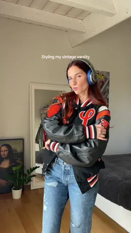 Simple fit but spicy it up with my vintage varsity jacket 🎧 #baggyjeans #streetwear #grwm #vintagevarsityjacket #fypシ 