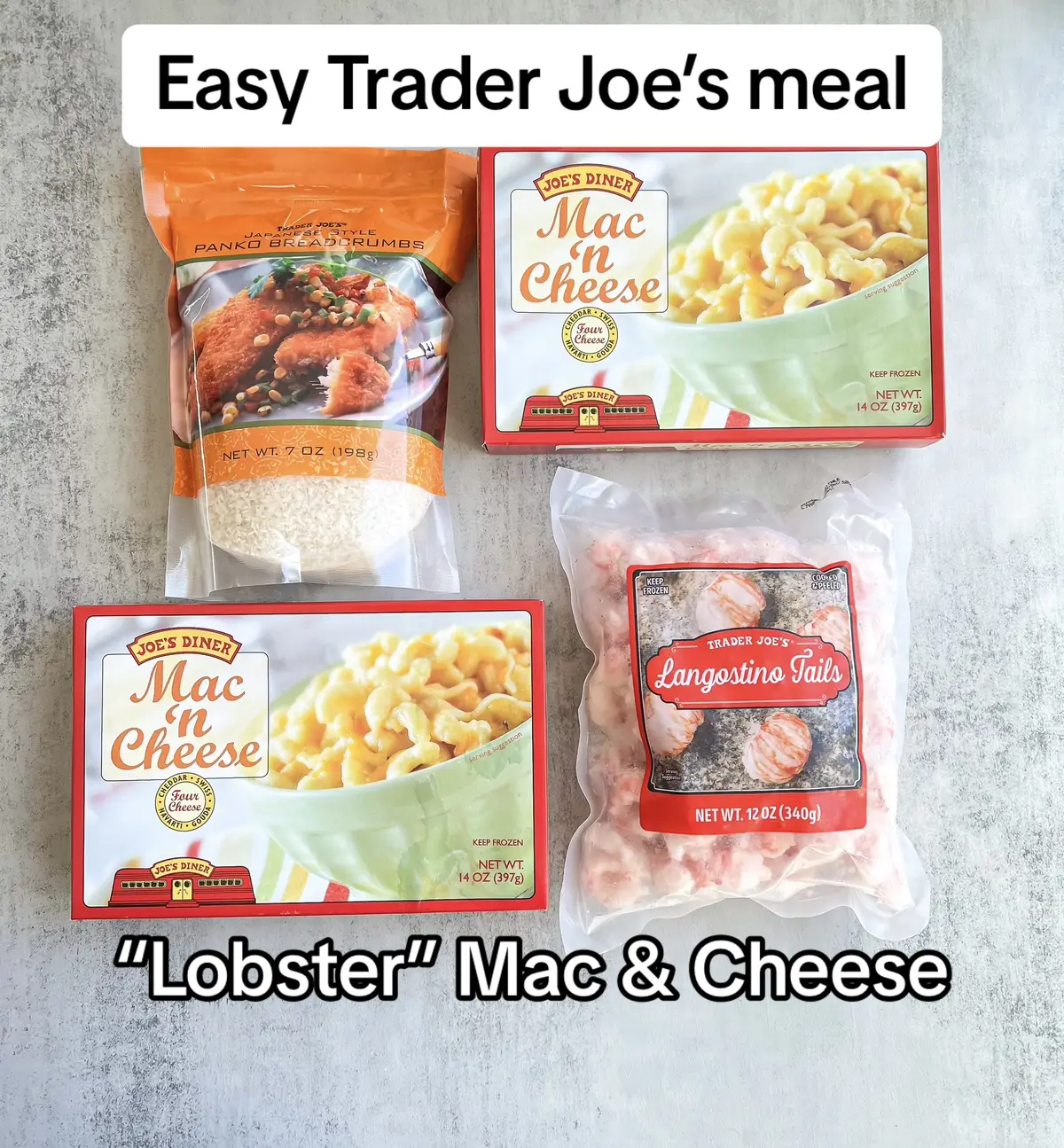 Let’s make a shortcut “Lobster” Mac and cheese using only 3 ingredients from Trader Joe’s! While Langostino isn’t exactly a lobster, it has a very similar taste and texture and I love to use it as an inexpensive substitute for lobster in pastas, lobster rolls, etc. they’re commonly referred to as “little lobsters”. Either way, when you try this meal, you’ll feel like you treated yourself to the best lobster Mac and cheese with a buttery, crispy breadcrumb topping that’s sure to be a hit! Serves 3-4 Ingredients  Mac n cheese (2 boxes) 1 1/4 cup panko breadcrumbs  Langostino tails You’ll also need 6 tablespoons of butter, salt, pepper, garlic powder and parsley for garnish (optional) Preheat the oven to 375. Microwave the mac and cheeses according to the package directions. While those are heating, thaw the frozen Langostino tails by placing them in a colander and running them under cold water for 3-5 min, then pat them dry. In a large pan, heat 2 tablespoons of butter and add the langostino tails and cook for 2-3 minutes. Season them with salt, pepper and garlic powder. Then add the mac and cheeses to the pan and stir to combine w the Langostino tails. In a bowl, melt 4 tablespoons of butter, then mix it well with 1 1/4 cup of panko breadcrumbs. In a 9x13 baking dish, spray w cooking spray, then add the lobster Mac and cheese, and spread the breadcrumbs on top. Place in the oven for 15 min, then serve and enjoy! Garnish with parsley if desired.  Tag a friend who should try this meal! #traderjoes5itemsorless #traderjoesmeals #traderjoesideas #traderjoeshoes #traderjoesislife #traderjoesfood #traderjoeslife #traderjoesobsessed #easytraderjoesmeal #traderjoesmealideas #traderjoeseasyrecipe #traderjoesrecipeideas #traderjoescookbook #5ingredients
