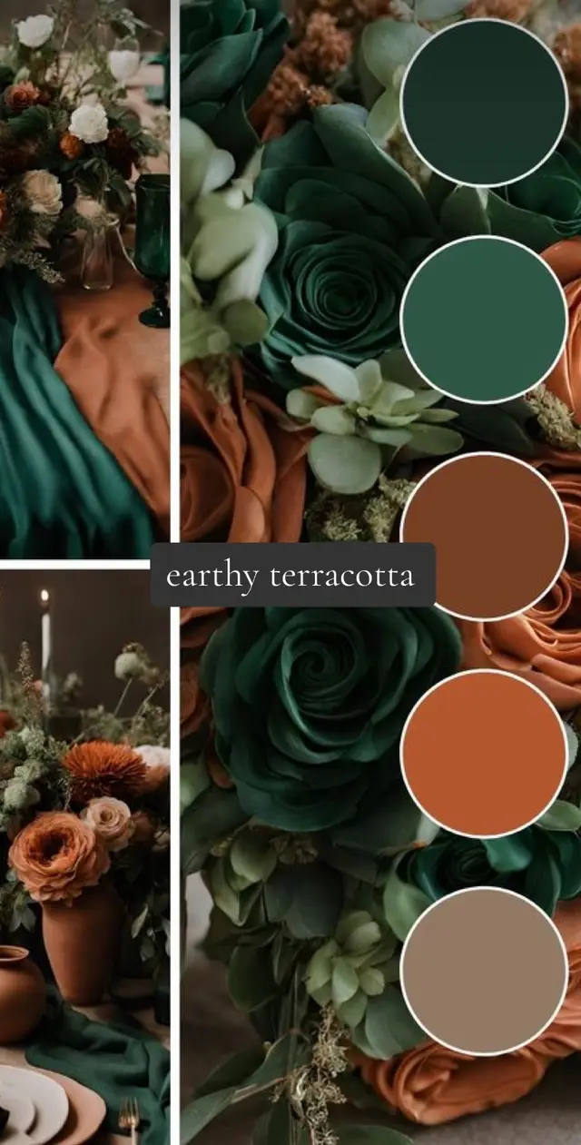 Here are some fall palettes for you! A lot of super moody vibes but still stunning 🧡🍂 #fallweddings #weddinginspo #fallbride #fallweddinginspo #weddingcolors #fallweddinginspo #fallcolors #brides #colorpalette #weddingcolors #colorschemes 