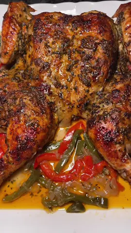 Use this oven baked chicken recipe the next time you’re looking for an easy dinner recipe! What sides yall having with this? I made it with some white rice and string beans, it was so good! 🤤 INGREDIENTS: Whole chicken  Chicken broth  Unsalted butter  Bell peppers  Onions  Avocado oil Fresh garlic (grated) Fresh thyme  Fresh Rosemary  Fresh parsley  Creole seasoning  Black pepper  Onion powder Garlic powder  Paprika  Kickin Chicken seasoning Kinders Wood-fire Blend  Kinders Buttery Steakhouse