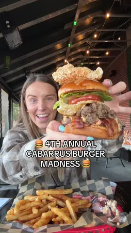 The 4th Annual Cabarrus Burger Madness is happening through the month of March! 18 local restaurants are battling it out in this friendly, bragging-rights competition that showcases the culinary creativity of the chefs and gives us some out of this world dishes to try 🤤🍔 Here’s the ones I’ve tried so far!:  “Vibez Burger” – This seemingly mile-high burger has a base of chuck, brisket, and short rib as a patty. It is then topped with lettuce, tomato, smoked bacon, shaved ribeye, jalapeno pimento cheese and Cajun pork rinds. “Pizzazz Burger” – Two 4oz hand patties, seasoned and smashed on the grill, both topped with melty mozzarella cheese, crispy pepperonis and marinara sauce, all between grilled garlic ciabatta bread and served with two mozzarella sticks and a cup of marinara on the side. “Fried Bologna Burger” which starts with two slices of all-beef bologna, Swiss cheese, house-made pickles, dijonnaise, and crispy onion straws on a toasted Brioche bun. To vote, you can sign up for the free mobile pass at www.explorecabarrus.com/burgermadness/ where you will be able to check-in at the participating restaurants, see all the different burgers and start planning which ones are on the top of your list to try!! Let me know which one is your favorite one below when you go and ENJOY! 😋 #cabarruscounty #northcarolina #burger #kannapolis #concord #explorecabarrus #cabarrusnc #cabarrusburgermadness #bucketlist 