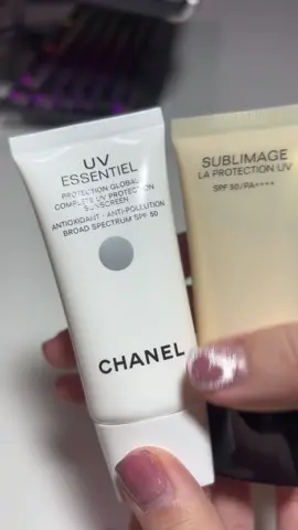 Unboxing @ChanelOfficial #sunscreen UV essentiel and Sublimage La protection UV #chanel #chanelbeauty #chanelsunscreen #ChanelUVessentiel #chanelsublimagesunscreen #chanelsublimagelaprotection #spf50 #luxurybeauty #luxurylife #haul #beautyhaul #shopping #fyp #fypシ Both are very moisture after blending. Both have scent. UV essentiel is more white and Sublimage is more yellow. Sublimage takes more time to blend and is stickier than Essentiel. However, after a while, there is no stickiness but still moisture and cool feeling. 