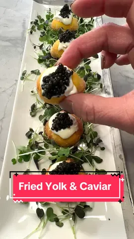 Fried egg yolk and caviar! What could be better. Full recipe below. Ingredients: 6 egg yolks 3 cups bread crumbs 1 tsp salt ½ tsp pepper ½ tsp papprika 4 cup vegetable oil 6 tsp creme fraiche Caviar -Add bread crumbs, salt, pepper, paprika to a bowl and mix well.  -Spread ½ the bread crumb mixture on to  a 12x8 baking sheet. -Use the back of a spoon to make 6 indentations in the bread crumb mix. -Gently place each yolk on top of the breadcrumb mixture and then top with with remaining bread crumb mixture. -Place in freezer until frozen solid.  -Add oil to a 3 quart sauce pan and turn heat to medium-high.  -Once oil reaches a frying temperature of 350F, drop yolks into the oil. If you don’t have a thermometer, place a wooden toothpick in the oil, once bubbles are ready, it’s time to start frying. Cook for 1-2 minutes or until light golden brown. Remove and set aside.  -Plate and top with creme fraiche and caviar of choice. 