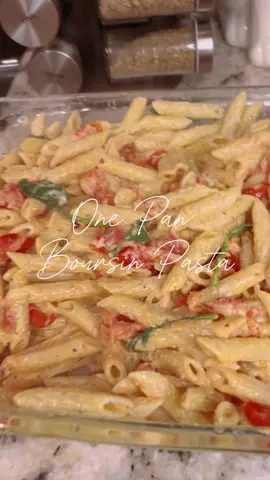 Making the Viral @Boursin Cheese pasta! So simple and so delicious! -Preheat oven to 400 -toss cherry tomatos in olive oil and season with italian seasoning and oregano -place 2 boursin cheeses in the mifdle of the pan -bake for 25-30 minutes (until tomatoes are soft)  -Mash tomatoes and mix together -Add spinach  -add cooked pasta -mix all togheter and serve #viralrecipe #boursin #boursinpasta #onepanmeal #easydinnerideas #easydinner #EasyRecipe #EasyRecipes #easyrecipesathome #simplecooking #CapCut 