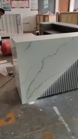 L-shaped reception desk with marble stone has been completed and it is expected to be shipped to USA next week #reception-desk #custom #nailshop
