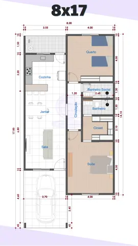 Planta Baixa 8x17 #planhousedesign #casa #plantabaixa #plantadecasa #plants #8x17 #3quartos #casa3quartos 