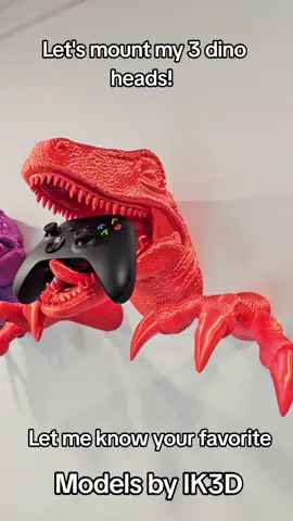 Let's mount my 3 dinosaur heads on the wall! They look amazing as decoration but they are useful too as they hold headphones, controllers and more. Links to the STL in my Bio #3dprinting #dinosaurs #dinosaurdecor #walldecor #3dprinted #thangs @Thangs3D @eSUN 3D #filament #jurassicpark 
