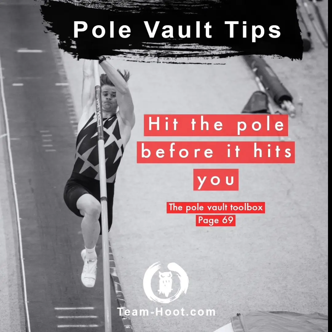 How to use this for your vault 👇 If you're in a fight vs the pole, you want to throw the first punch!  That happens by hitting the pole with our plant. If our arms aren't in the right position when the pole makes contact with he box, the pole hits us, and we're trying to recover the rest of the vault. One of my favorite drills for this is planting into a wall! What we're doing in the vault is running full speed and planting into an immovable object called the box! A wall is another immovable object unless you're the kool-aid man. Why it's great? 1. All you need is a wall and poles.  2. Your entire vault crew can do it at the same time. 3. it's safe! 4. You can get a ton of reps without having to do full vaults! The way I like to do it is grab a really small pole (sometimes even a pvc pipe) to learn the movement. Start like you're checking your step against the wall. Lower your hand to your shoulder. Then step your right foot back (for right handed vaulters) and work on planting tall and into the wall, feeling a big stretch in your chest Think PLANT - HIT. Plant as in lock the arms, Hit as in hit the wall or box! Important - I never leave the ground with this drill. I know there are some who do, but I personally see too much risk to justify it. Add more pole as the vaulter gets stronger! It's amazing how wall plants can help body positioning, timing, and direction of force at the plant and take-off.  P.s. if you have a problem with your bottom arm... wall plants! If you find this helpful head over to Team-Hoot.com and grab a copy of my book! #teamhoot #polevault #trackandfield #polevaulter #vaulter #vaultnation #athletics #pvprobs #polevaulting 