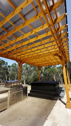 Brand new SkyPoly Pergola COMPLETE✅ in Austin Tx! #pergolacover #patiocover #pergola #pergoladesign #skypoly #polycarbonateroof #outdoorkitchen #polycarbonateroof 