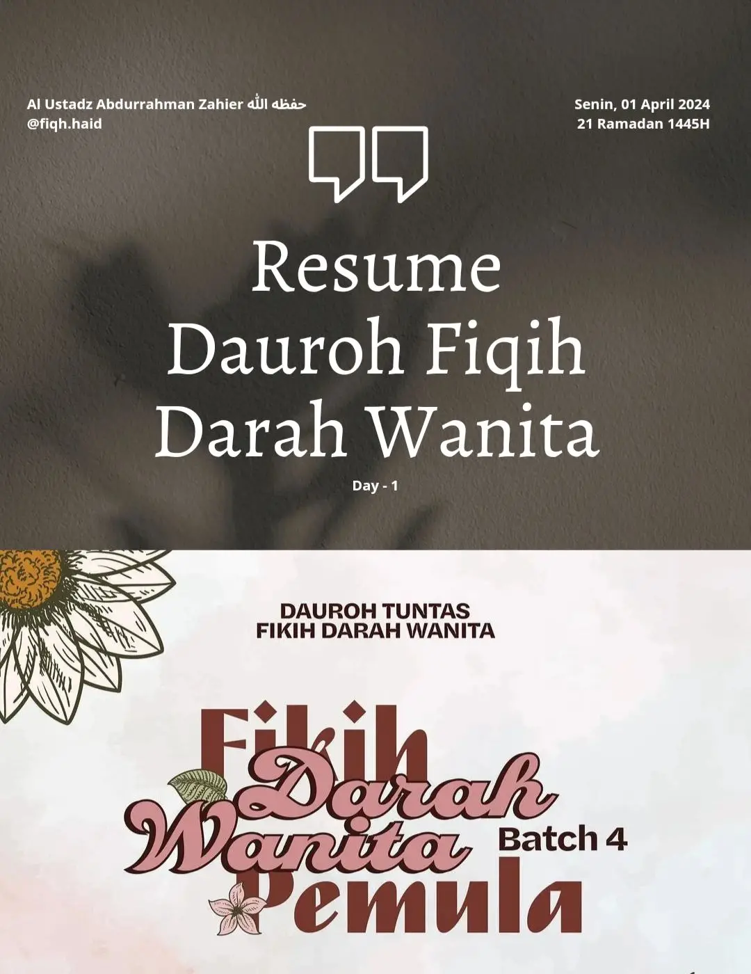 Bismillah... MaasyaaAllah sekali daurah hari ini. Baarakallahu fiikum ustadz yang sudah sangat sabar menjelaskan materi sampai berkali-kali agar kami paham.. Pagi ini berdebar-debar pas masuk halaqoh, maasyaaAllah banget pas nyimak, memperhatikan ternyata dan ternyata masih banyak hal yang tidak di ketahui, 😣 Semoga Allah mengampuni aku dan semoga Allah memberikan pemahaman yang baik selama daurah ini berlangsung... Pleess buat kalian yang belum ikut, nanti kalau ada batch 5 buruan ikut.. gak akan nyesel, day 1 aja udah bikin aku 🤯  Jazaakumullahu khoiran wa baarakallahu fiikum ustadz @abdurrahmanzahier dan team @fiqh.haid