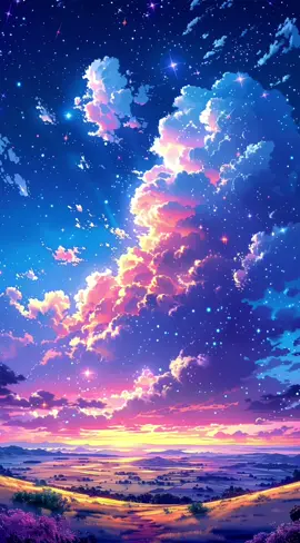 In the silence of the night, a dreamlike landscape awakens under a sky studded with stars. #nature #anime #sunset #aesthetic #vibes 