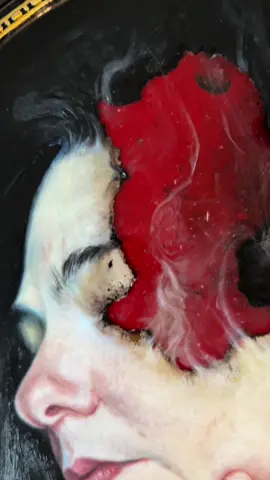 This painting started on linen, got set on fire, poured over with resin, painted again, then poured with resin once more. It sat for a few months, then earlier this week I decide to sand it all down and paint it all again. She’s been through a lot but I think she can finally rest.  #process #artwork #arttok #fire #painting #art #horror