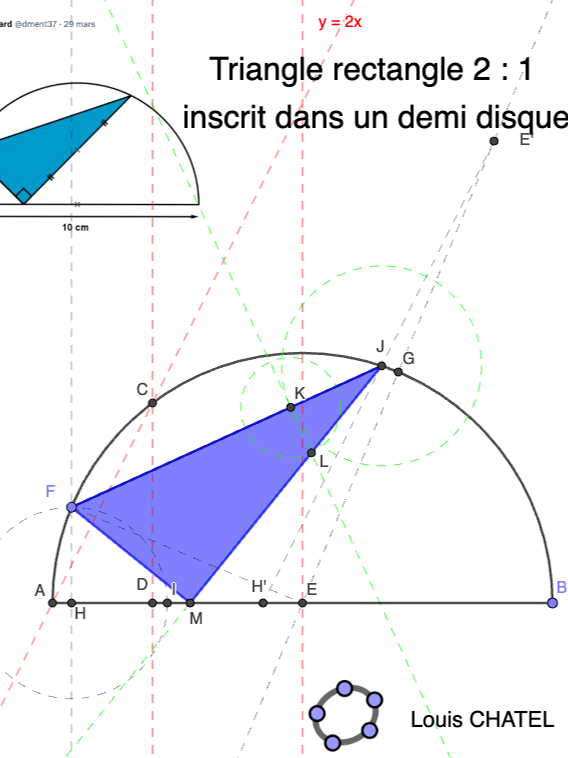 Protocole de construction d'un triangle rectangle rapport 2 inscrit dans un demi disque à partir d'un sommet défini sur l'arc de cercle #justeuneregleetuncompas @geogebraofficial