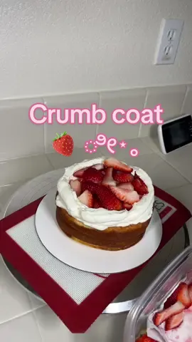 I love a good crumb coat ♡ strawberry vanilla cake 🍓 #cakes #cakedecorating #fyp #cake #baking #crumbcoat #baker #strawberry #girlythings #bayarea 