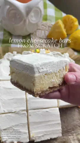 lemon cheesecake bars!✨🍋🤍🍰 recipe: graham cracker crust: - 1 1/2 cups graham cracker crumbs (160 grams) - 1/4 cup granulated sugar (50 grams) - 1/2 cup butter, melted (113 grams) lemon cheesecake layer: - 16 oz cream cheese  - 3/4 cup granulated sugar (150 grams) - 2 large eggs - zest of 1 lemon - 1/4 cup lemon juice (about 2 lemons) - 1 tsp vanilla extract directions:  - preheat oven to 350°F and line an 8x8 square baking pan! - make the graham cracker crust by adding the graham cracker crumbs, sugar, and melted butter together until fully combined! - then, press the mixture firmly into the prepared baking dish, using a  small cup, to pack the crust firmly into an even layer - bake the crust for 10 minutes and remove from oven to let cool while you make the cheesecake! - in a large bowl, using a hand mixer or use a stand mixer and beat the cream cheese and granulated sugar until smooth and creamy! - then add in the eggs one at a time mixing very well after adding each egg! - next, add in the lemon juice, lemon zest, and vanilla and beat together until fully combined! - pour the cheesecake batter onto the prebaked crust and smooth out evenly then bake for 25-30 minutes, you know its done when the edges are set, but the middle is slightly jiggly! - once the cheesecake is done baking, let it cool to room temperature then place in the fridge for at least 2 hours but up to overnight! - top with whipped cream if desired and cut the cheesecake into squares and serve them chilled and enjoy!! ##lemoncheesecake#cheesecake#cheesecakerecipe#lemondessert#lemon#lemonrecipe#baking#Recipe#fyp#FYP