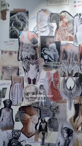 Sketchbook tour for my project so far!🤍 Theme: “The framework and underlying structure of fhe human body” #fyp #fashion #textiles #foundationart ##fashiondesign #fashionillustration #fashionillustrator #artist #textile #ual #fashiontiktok #irisvanherpen #drawing #jeanpaulgaultier 