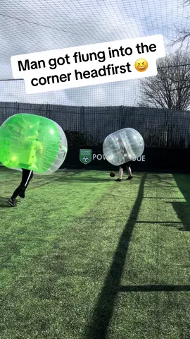 The guy was left upsdie down stuck in the corner after taking a HUGE smash 😆 #bubblefootball #zorbing #footballtiktok 