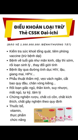 Điều khoản loại trừ trong thẻ sức khoẻ Dai-ichi mọi người cần nắm kỹ nhé. Trước lúc đi viện nên alo cho tư vấn trước để được hỗ trợ tối đa nhất nè. Chúc mọi người sử dụng Bảo Hiểm một cách hiệu quả nhất 🥰 #baohiemsuckhoe #baohiem #daiichi 