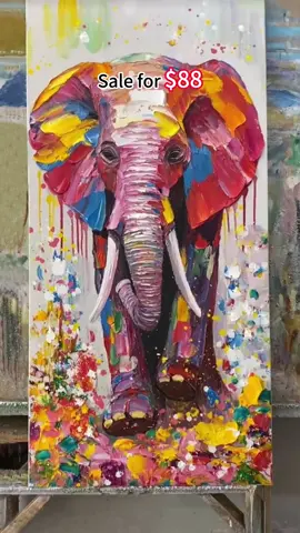 The brightly colored elephant handmade oil painting is completed,using hand drawn wall art.#handmade #oilpainting #handdrawn #texturedwallart #3dwalldecor 