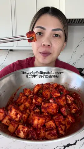 KOREAN RADIAH — KKAKDUGI 2 lb Korean radish 1 TBSP kosher salt 2 TBSP sugar 1 TBSP garlic, minced 1/2 tsp mincer ginger 2 scallion, chopped 1 TBSP fish sauce 1/3 cup gochugaru (Korean red pepper flakes) 2-3 TBSP of the liquid from radish 1. Peel Korean radish. Cut into cubes. Give it a nice rinse and pat dry. Sprinkle with 1 TBSP kosher salt and 2 TBSP sugar. Combine well and let this sit for 30 mins. After 30 mins, drain the radish of the liquid. Set liquid aside.  2. into your radish, add: minced garlic, minced ginger, chopped scallion, fish sauce, gochugaru and 2-3 TBSP of the reserved liquid from your kimchi. Combine well and taste test. You can enjoy this immediately or refrigerate until it gets cold to eat.
