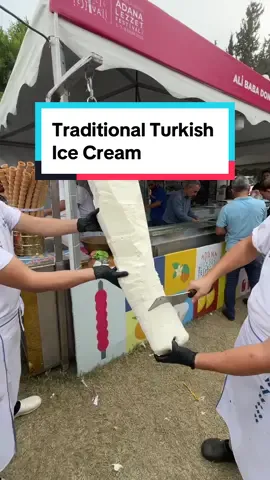 Discover the magic of Maraş dondurması ice cream – a decadent delight that's both creamy and chewy, creating an unforgettable experience with every bite 🍦 Maraş ice cream is denser and chewier than regular ice cream due to the salep. It's so thick that you might even need a knife and fork to eat it! This resistance to melting makes it a perfect summer treat. In Turkey, vendors selling Maraş ice cream are known for putting on a show, teasing customers with the ice cream's elasticity before finally letting them enjoy it. Would you try this? 😋 🎥 @Neyesekya  #turkishicecream #turkishfood #visitturkey #travelturkiye #turkiye🇹🇷 