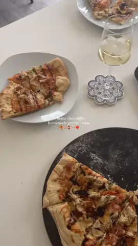 at home d8 night ❤️‍🔥  homemade pizzas are so much fun and so easy to make. we love customizing the toppings and having a little competition to see who’s comes out better. this time around, Daulton perfecttttted a nice crispy bottom on his.  mine: greek veggie white pizza w tomato, red onion, hearts of palm, Kalamata olives, capers + feta Daults: chicken caprese with balsamic glaze  which one are you digging into first?