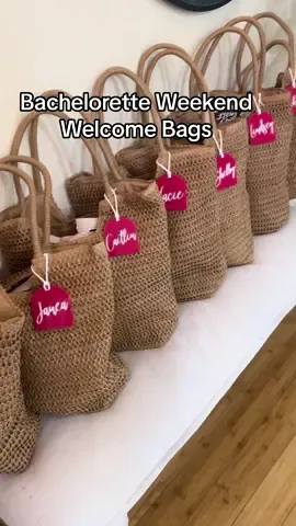 Our Bachelorette Weekend Welcome Bags came together and were practical and perfect 🩷 Personalized Hot Pink bag tags from @Krislynn Dupre for the extra touch ✨ #bachlorettepr #bachloretteweekend  #bachlorettegoodiebags #Welcomebag #houstonbachelorette #weddingtiktok @Better Than Booze @drinklmnt @Craftmix @Hempz Official @LesserEvil Snacks @