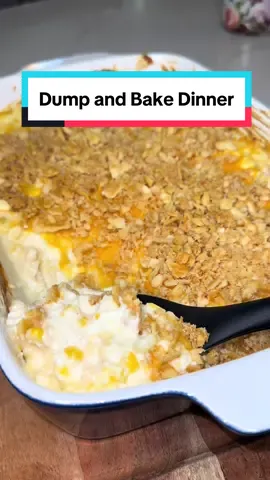 A dump and bake creamy chicken and corn casserole served over white rice. Perfect for a quick dinner on a busy evening #dinner #Recipe #dinnerrecipe #dinneridea #casserole #chickencasserole #chickenbake #rice #mealidea #familydinner #easydinner 