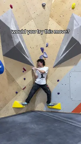 Throwback to this iconic move. Let me know if you want to see the whole boulder! The top was trickier than he expected. #fyp #bouldering #climbing 