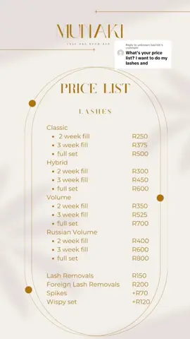 Replying to @unknown bad bih Your beauty journey starts here! 💖 Explore our price list and discover the perfect services to elevate your look. From lashes to brows, nails, and more, we’ve got you covered! Book via the link in our bio to schedule your appointment and let’s create beauty together.  📍110 long street, 2nd floor  #BeautyServices #PriceList #booknow #munaki #munakilashnbrowbar 