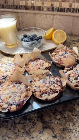 Baking therapy🫐🌷🍋                               Recipe                                                          Ingredients: (Blueberry Syrup) -1 cup blueberries (fresh or frozen) -1/4 cup sugar -1/2 cup water -1/2 Tbsp cornstarch + 1 Tbsp water (Crumble) -1/2 cup sugar -1/2 cup all-purpose flour (60g) -1/4 cup unsalted butter (56g) -pinch of salt  (Muffins) -1/2 cup softened butter (113g) -1 Tbsp lemon zest -1 1/4 cups sugar -2 eggs -1 tsp vanilla -2 cups all-purpose flour (240g) -1/2 tsp salt -2 tsp baking powder -1/2 cup milk  -2 cups blueberries  Instructions: For the syrup:  1. Combine 1 Tbsp of water and cornstarch in a small dish and set aside.  2. In a medium saucepan bring water, sugar, and blueberries to a boil. Stir occasionally. Reduce heat and simmer for about 10 minutes.  3. Add the water+cornstarch mixture and mix to combine. Turn off heat and set aside to cool.  For the crumble:  1. Stir together 1/2 cup flour, 1/2 cup sugar, and a pinch of salt.  2. Add 1/4 cup unsalted butter diced into cubes and work the butter into the flour mixture with your fingers until a crumbly mixture has formed. Set aside. For the muffins:  1. Preheat oven to 375°F. 2. Add the sugar and lemon zest to a large bowl. 3. Add the butter and mix until light in color.  4. Add the eggs, one at a time, beating well after each addition. Then add vanilla and mix.  5. In a small bowl sift together the flour, salt, and baking powder.  6. Add the dry ingredients to the creamed mixture alternately with the milk. 7. Fold in the blueberries. 8. Line a 12 cup muffin tin with cupcake liners, and fill with batter. (I did 6 jumbo muffins) 9. Add the blueberry syrup on top of the muffins and sprinkle the crumble before baking. 10. Bake at 375°F for about 30-35 minutes. #blueberry #lemon #muffins #baking #Recipe #bakingtiktok #bakingvideo #dessert #foryou #bakingtherapy #baketok #fyp 