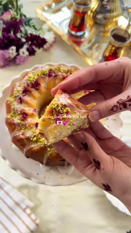 Your sign to make Persian love cake for the people you love 💌 Recipe by @Broma Bakery  For the cake: Half cup salted butter, room temperature 3 tablespoons vegetable (or canola) oil 2 large eggs, room temperature 1 cup granulated sugar 1 teaspoon lemon zest (about 1 lemon) 2 teaspoons lemon juice (also about 1 lemon) 2 tablespoons rose water 1 teaspoon vanilla extract 1 1/2 cups all-purpose flour 1/2 cup Bob’s Red Mill Super Fine Almond Flour 2 teaspoons ground cardamom 1 teaspoon baking powder 3/4 teaspoon salt Bake the cake for 40 mins in a preheated oven at 160C ❤️  For the glaze: 1 1/2 cups powdered sugar 1 tablespoon rose water 1 1/2 tablespoons whole milk 1/4 cup chopped pistachios 3 tablespoons rose petals #baking #bakingtherapy #baketok #persianlovecake #cakerecipe #fyp #asmrfood #prettycakes 
