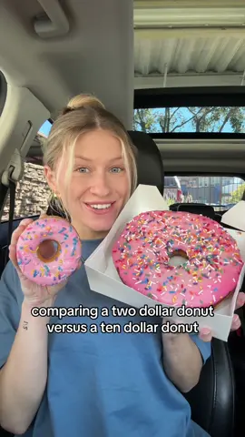 Pink donuts at 2 different price points! 🍩 #donuts #foodcomparison #simpsonsdonut #donutday #donutreview 