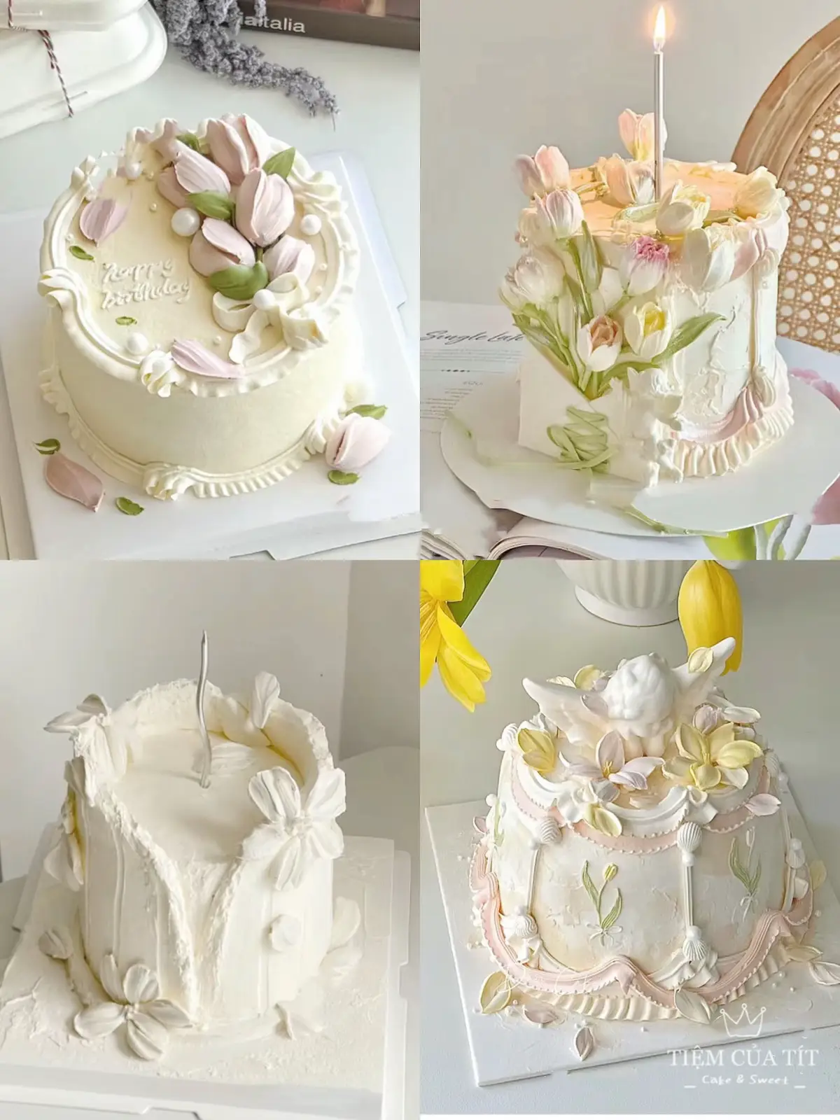 Mẫu hoa tulip điêu khắc nay có thể thay thế bằng socola hoặc fondant giúp cho chiếc bánh giữ được lâu hơn ở nhiệt độ thường.  Bánh sinh nhật sang và xinh, ngày càng được cải tiến để phù hợp hơn với nhu cầu KH. #tiệmcủatít #mẫubánhsinhnhật #xuhuong #bánhhoatulip #tulips 