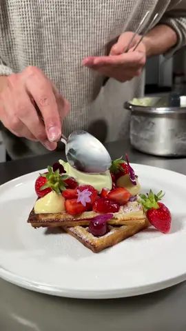 Chapter 4 How to serve up brunch magic to keep her coming for more. #brunch #waffles #breakfast Here we have two brunch waffle items: The first is served with fried chicken and honey butter. I have never had this combo, and it's divine. I love the savoury, sweet aspect. Taste 9/10. Visuals 8/10. The second is served with vanilla cream, raspberry gel, and basil ice cream. This one was quite interesting and could use some rework. The flavour was still very cool and well-balanced with that raspberry gel. However, the waffle was too dense for this combo, so a lighter and airier waffle would have been better. Taste 8/10. Visuals 7/10 Belgium Style Waffles Serves one gorgeous cupcake and one handsome stud! Difficulty - Easy Tools (and more): - Waffle Machine - Heart of gold - Well ironed shirt - Good attitude Ingredients:  - 175g milk - 4g white vinegar - 24g melted butter - 28g maple syrup - 2g sea salt - 1 egg - 125g flour - 2g instant yeast - Maple syrup for garnish - Icing sugar for dusting - Honey butter (optional) Steps to Success: 1. Mix all the ingredients in a bowl until well combined. Cover the bowl with cling wrap and let it rest for an hour or until it develops bubbles. (Note: Place the waffle batter in the oven with the light on to expedite the process.) 2. Preheat the waffle machine and spray with non-stick oil. Cook until golden brown and serve with maple syrup and honey butter.  Notes:  I would go with a 50/50 split for honey butter, which results in a mild flavour without being overly sweet. To make neat quenelles, leave Honey Butter outside the fridge for 30 to 60 min before serving (depending on your room temperature).