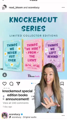 Knockemout series collector edition announcment!! @lucyferscore and @Bloom Books you make dreams come true So excited for these new special editions! I don’t have copies of these books so now it’s a must 😉 Book 1: Things We Never Got Over Book 2: Things We Hide from the Light Book 3: Things We Left Behind #specialedition #knockemoutseries #lucyscore #sprayededges #smalltownromance  
