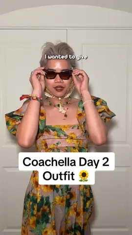 Coachella Day 2 Outfit 🌻 OUTFIT DETAILS (links in bio) @Selkie™ sunflower jumpsuit @Anthropologie  • sunglasses • the brigitte satchel  @immanylondon bok choy necklace @En Route linh truong collection necklace @Depop thrifted shoes @STUDIOCULT ✨ ring (FREDERIC15 for $ off) @YesStyle gold belt chains (FREDERIC for $ off) @Amazon headscarf #OOTD #outfitideas #outfit #coachella #coachella2024 #coachellaoutfit #outfitinspo 