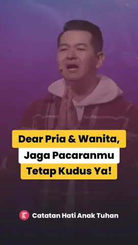 Dear pria dan wanita.. Jagalah pacaranmu tetap Kudus yaa.. Sebab tanpa Pacaran Kudus, tidak ada Pernikahan Kudus.. Sebab yang menentukan berkat Tuhan turun atas pernikahanmu atau tidak adalah dirimu sendiri.. Jangan sampai Tuhan tidak memberkati pernikahanmu hanya karena selama pacaran kamu tidak menjaga kekudusan, karena kamu terus menerus mendukakan hati Tuhan.. Tinggalkan segala dosa itu, jika kamu mau pernikahan yang bahagia.. Sebab upah dosa adalah maut, tetapi upah ketaatan pasti manis ❤ Jagalah kekudusanmu sampai hari dimana kamu menikah nanti ya 💕 -    🎤: Ps. Frendy Juwono             ⛪: GMS Jakarta -                 ✨ Apakah kamu terberkati? Bagikan berkat ini untuk teman kamu yang membutuhkan ini ya!                📙 Sepakat? Jangan lupa komen 