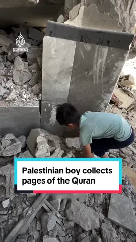 Video shows a Palestinian boy collecting the pages of the #Quran after Israeli forces bombed Abu Bakr Al-Siddiq Mosque in Gaza. #News #holyquran #muslimtiktok 