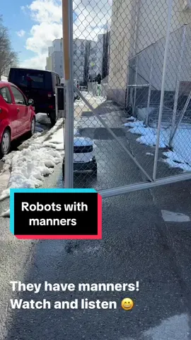 How cute are these delivery robots. They got manners too!  A gate had blown open blocking him in, I move the gate, he stopped and said Kiitos 🥰 @Starship Robots #starship #robots #turku #finland 